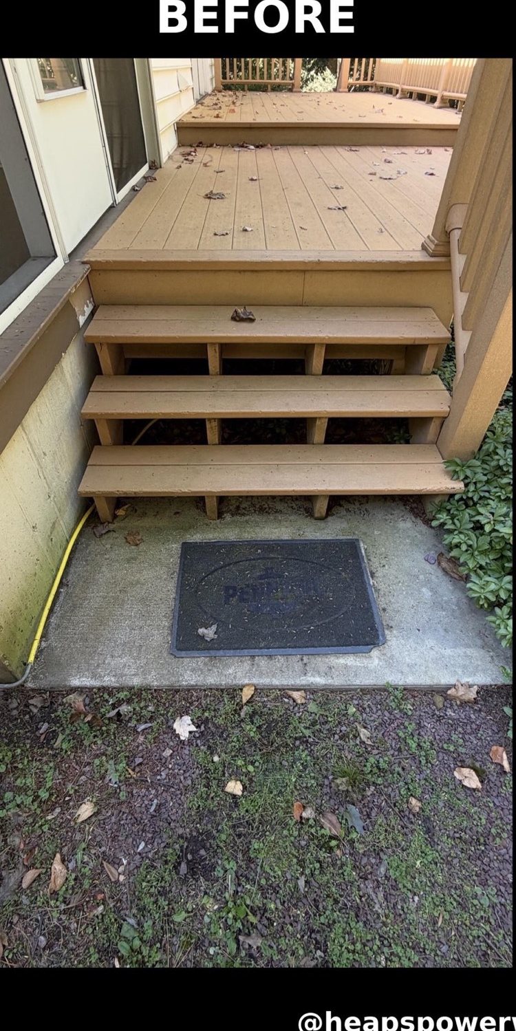 Dull composite deck stairs and a dirty concrete landing before washing